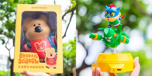 ▲7-11「DINOTAENG多功能造型桶餅乾禮盒」售價999元；「蠟筆小新動感超人轉轉夜燈禮盒」售價699元。（圖／7-11提供）