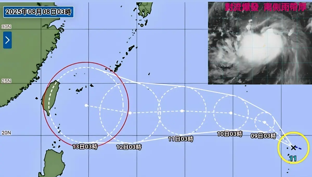 ▲楊柳颱風最新路徑會一路向西前進往台灣衝，預計下週三、週四（13日、14日）最接近台灣。（圖／取自觀氣象看天氣粉專）