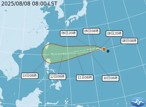 ▲楊柳颱風未來有兩種發展可能，一種是到達台灣並增強至中颱以上，或是受風切影響太大半路消散。（圖／中央氣象署提供cwa.gov.tw）