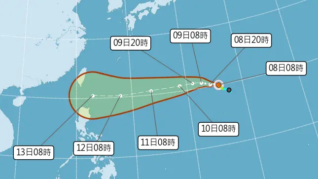 ▲父親節天氣持續高溫炎熱，台灣降雨稀少，楊柳颱風在父親節凌晨生成，8日8時氣象署最新預估路徑衝向台灣。（圖／中央氣象署cwa.gov.tw）