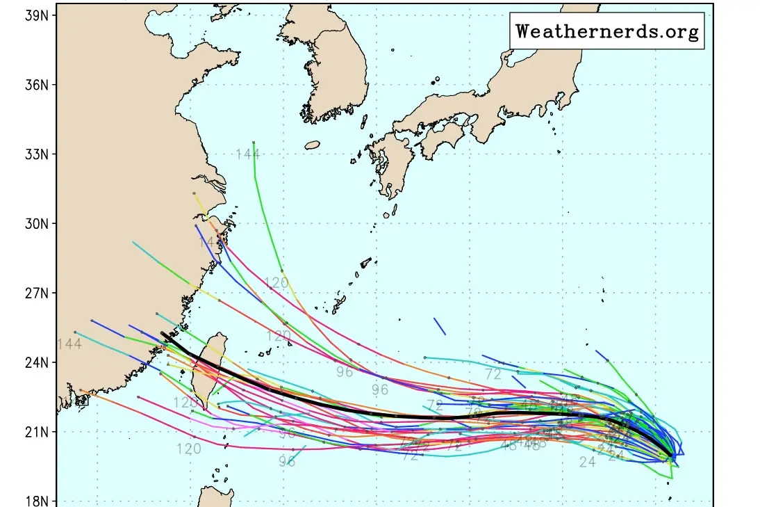 ▲各國預測颱風路徑可以看出，楊柳颱風路徑多數都是朝西往台灣逼近。（圖／翻攝自weathernerds.org）