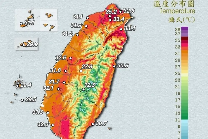 ▲今日環境水氣仍偏少，臺灣各地大多為多雲到晴，中央氣象署發布高溫特報，雙北地區上看攝氏36度高溫。（圖／翻攝自中央氣象署cwa.gov.tw）