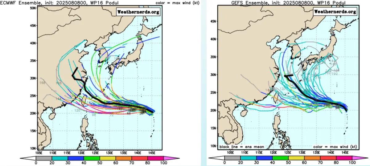 ▲楊柳颱風各國模擬最新路徑，歐洲模式系集模擬路徑的平均（圖左）；美國模式系集模擬路徑的平均（右圖）。（圖／翻攝自weathernerds.org）