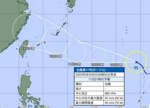 ▲日本氣象廳與中央氣象署預報路徑一致，楊柳颱風將掠過北台灣頭頂。（圖／翻攝自日本氣象廳）