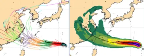 ▲楊柳颱風目前準備進入大垂直風切區，半途夭折或減弱機會提高，目前歐洲模式模擬路徑大致與中央氣象署類似。（圖/洩天機教室）