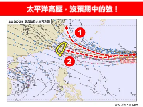 ▲楊柳颱風路徑目前有2種劇本，其影響最大關鍵在於太平洋高壓西伸勢力強弱，仍不排除有登陸台灣可能。（圖/林老師氣象站）
