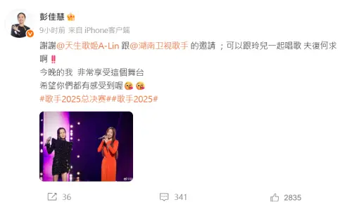 ▲彭佳慧自責道歉A-Lin！《歌手》爆哭畫面全播出　粉絲心疼氣炸了（圖／微博＠彭佳慧）