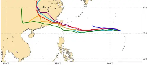 ▲各AI模式預測路徑，相對略偏南一點，所以又是一場電腦模式模擬，和AI預報的擂臺賽。（）