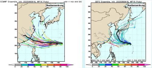 ▲各國預測颱風路徑可以看出，楊柳颱風路徑多數都是朝西往台灣逼近。（圖／翻攝自weathernerds.org）