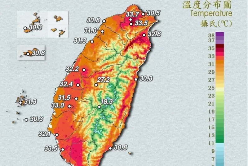 ▲今日臺灣各地大多為多雲到晴，中央氣象署發布高溫特報，雙北地區上看攝氏36度高溫。（圖／翻攝自中央氣象署cwa.gov.tw）