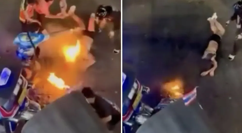 ▲▲泰國一名男子因失業心情不佳，在路上隨機縱火傷害兩名大馬遊客。（圖／翻攝自聯合早報）