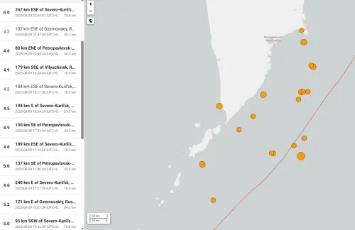 ▲俄羅斯千島群島外海及堪察加半島附近，台灣時間9日發生至少19起地震。（圖／翻攝自USGS網站）