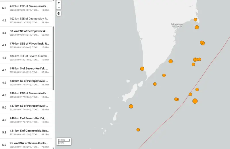    ▲俄羅斯千島群島外海及堪察加半島附近，台灣時間9日發生至少19起地震。（圖／翻攝自USGS網站）  