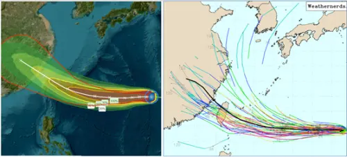 ▲左圖：最新氣象署「路徑潛勢預測圖」顯示，「楊柳」路徑向南調整，週三、四通過台灣北部；「暴風圈侵襲機率圖」則顯示，其侵襲機率已調高至60%；右圖：最新歐洲模式系集模擬路徑的平均，週三、四通過台灣北部，系集成員模擬路徑則分布在兩側、相當分散；愈偏北的系集路徑，強度減弱愈明顯，愈偏南的受影響較小、強度較能維持，威脅也愈大。（圖／洩天機教室專欄metapp.org.tw）