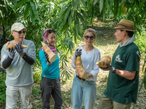 ▲李燕（右2）在節目上體驗挖竹筍，汗流浹背全身濕。（圖/ KOCSKIN克麗詩黛 提供）