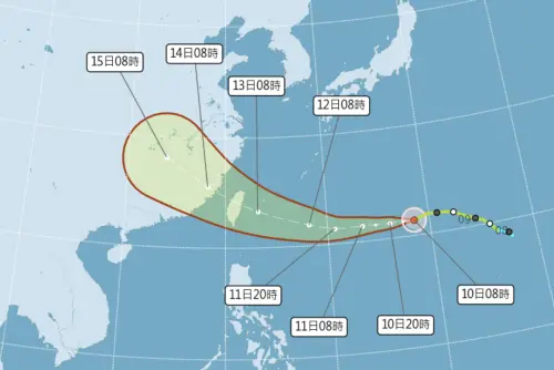 ▲楊柳颱風不斷往西靠近，不只有可能登陸，更可能成為容易致災的「穿心颱」。（圖／中央氣象署cwa.gov.tw）
