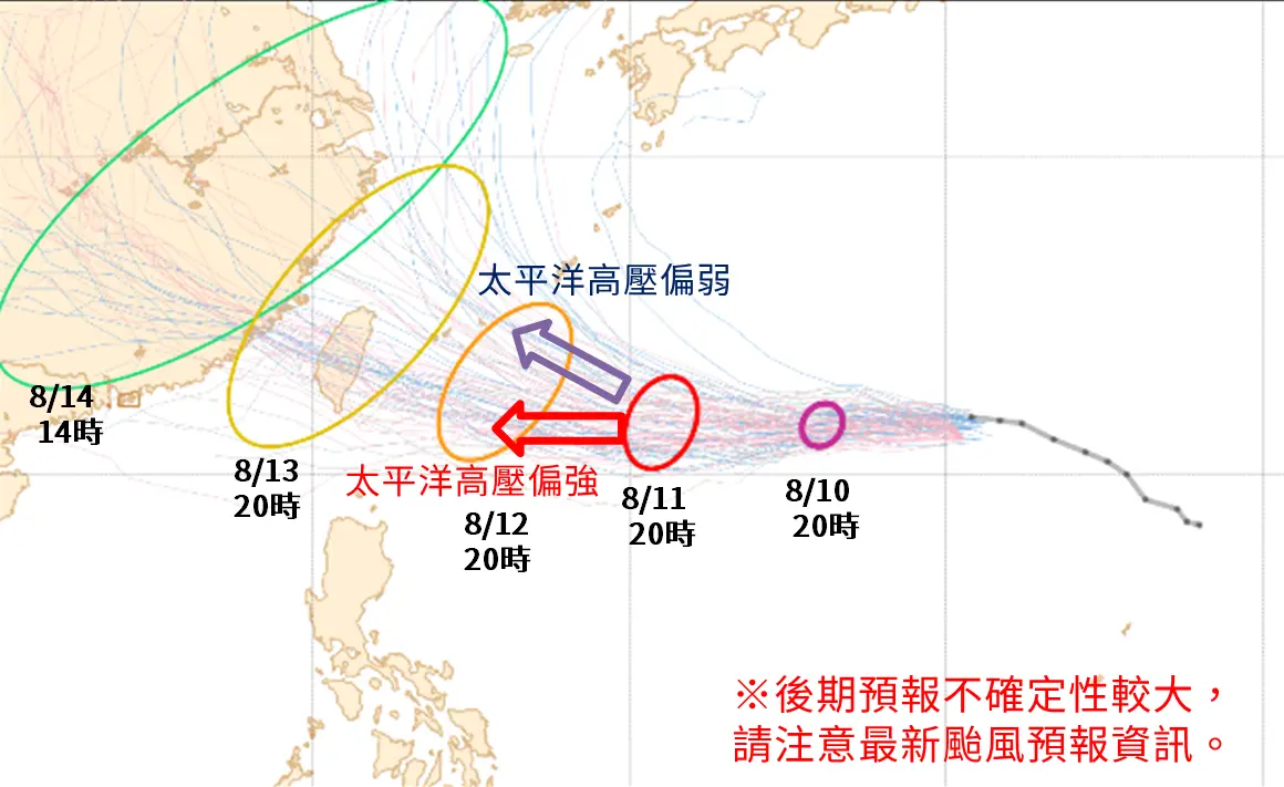 ▲楊柳颱風不斷往西靠近，路徑又往南修正，不只有可能登陸成為「穿心颱」，還有機會變成「西北颱」。（圖／中央氣象署cwa.gov.tw）