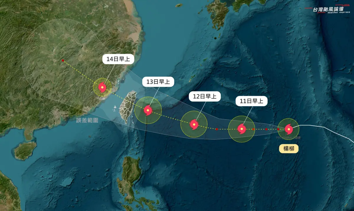 ▲颱風楊柳持續往西移動，強度將轉為中颱，最新預估路徑又往南修，登陸機率增加。（圖／「台灣颱風論壇｜天氣特急」臉書）
