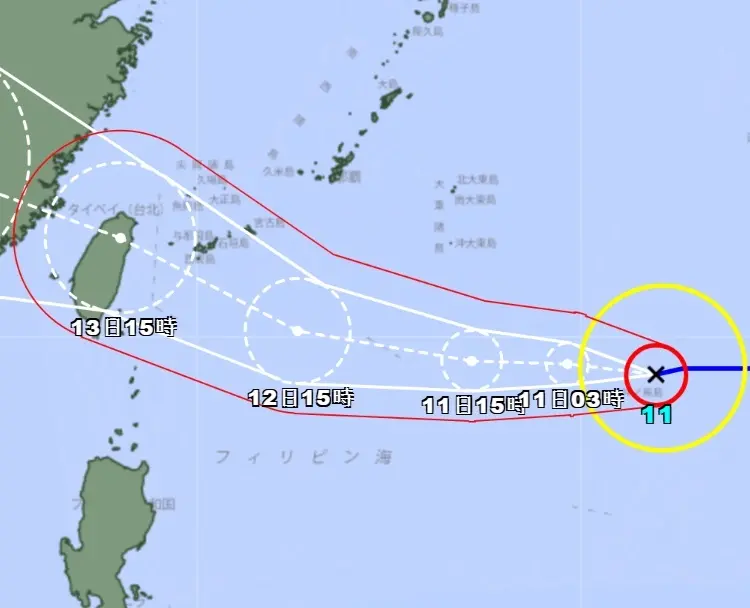 ▲楊柳颱風對台威脅大，日本氣象廳預報路徑顯示，颱風中心週三可能穿台。（圖／日本氣象廳）