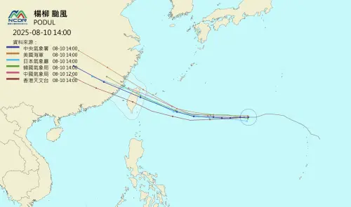 ▲楊柳颱風（國際命名: PODUL）持續朝台灣方向逼近中，各國氣象單位最新預測路徑，多數都認為楊柳颱風會登陸台灣。（圖／NCDR）