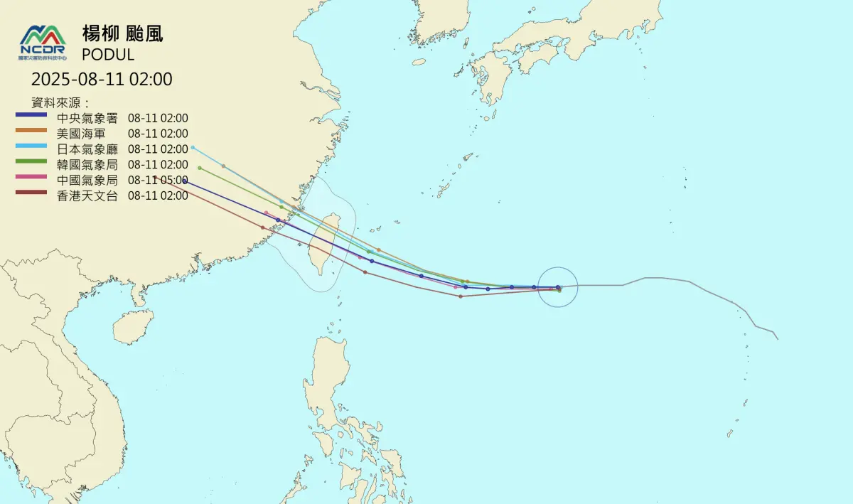 ▲楊柳颱風最新各國官方模式預報路徑，都預估將穿過台灣上空。（圖/NCDR）