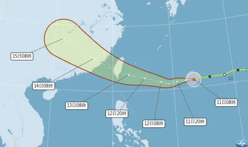 ▲受到太平洋高氣壓穩定的推力影響，楊柳颱風前進將在週三登陸「台東至花蓮」，並穿過台灣從西半部出海。（圖／中央氣象署cwa.gov.tw）