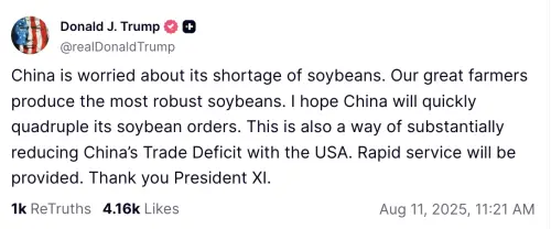 ▲川普向中國國家主席習近平喊話，希望習近平增加採購美國大豆。（圖／翻攝自川普Truth Social）