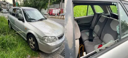 ▲葉男駕駛白色車輛（左圖）逃逸10公里遭逮，警方擊破車窗（右圖）卻仍被他倒車衝出重返道路。（翻攝畫面）