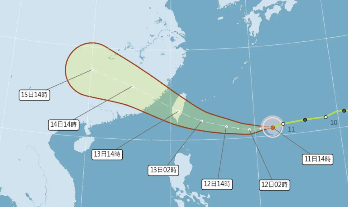 ▲楊柳颱風路徑又往南修一點，預估週三下午（8/13）在「台東至花蓮」登陸。（圖／中央氣象署cwa.gov.tw）