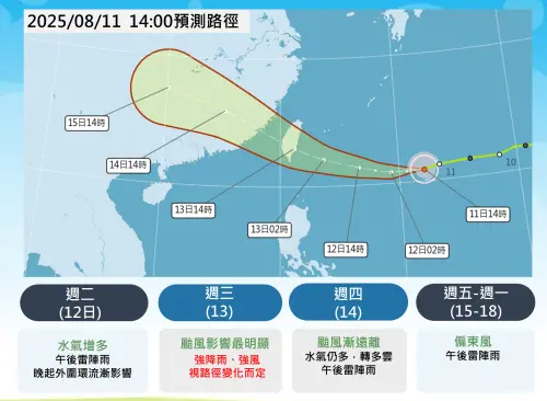 ▲楊柳颱風預估週二發布「海上陸上警報」，週三在台灣東半部登陸、通過，週四遠離台灣。（圖／中央氣象署cwa.gov.tw）