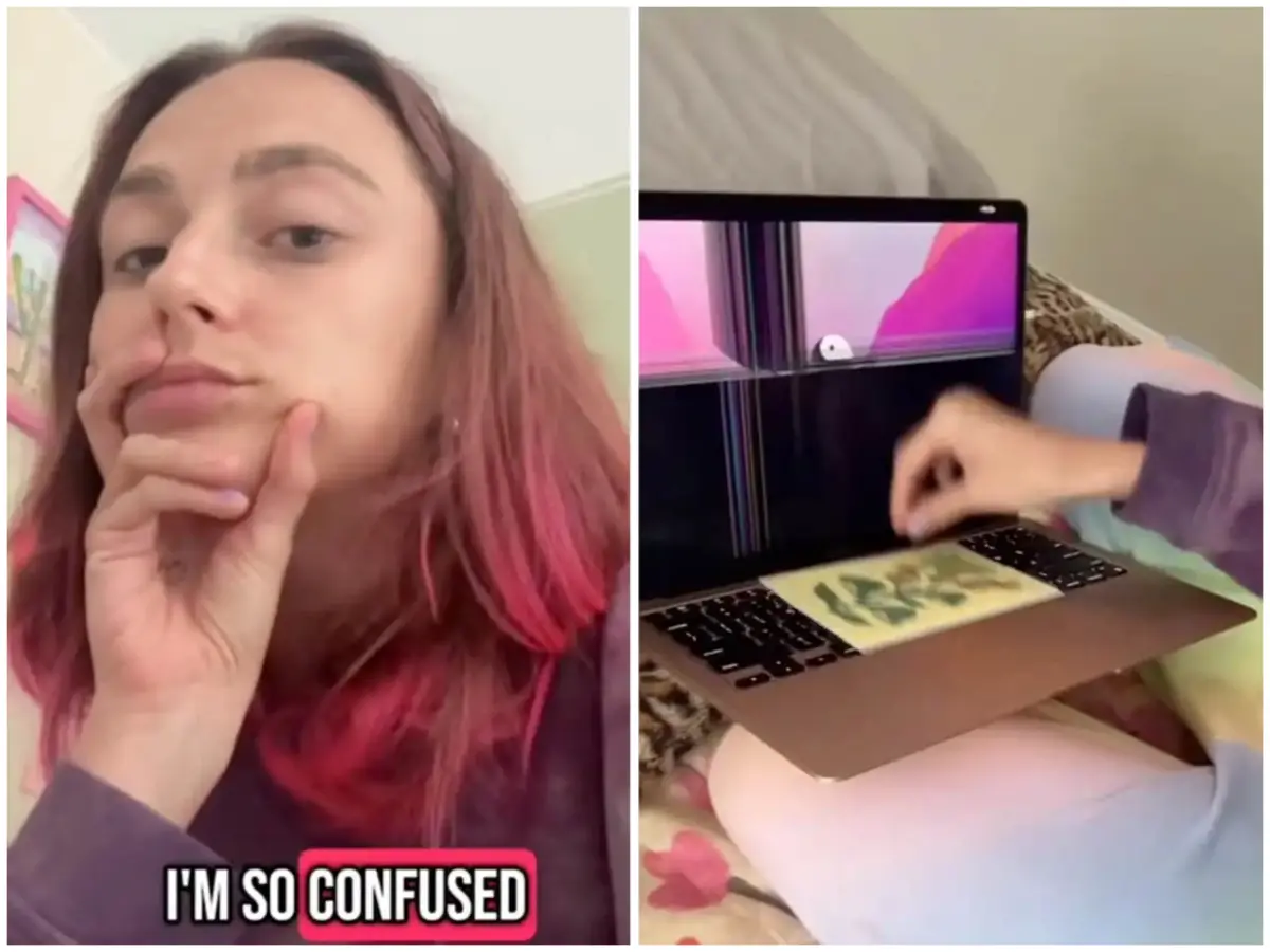 ▲一位TikTok女網紅分享個人親身經驗，因為一個無意舉動讓她的蘋果筆電螢幕整個破裂，讓她直呼「遭遇了本世紀最大的驚嚇」。（圖／翻攝自TikTok）