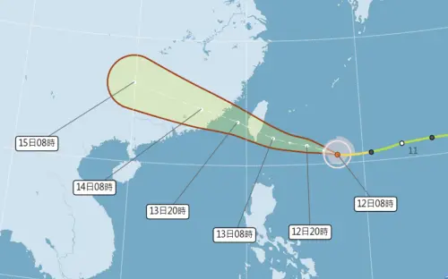 ▲楊柳颱風路徑持續向台灣靠近，今（12）日將發布陸上警報，明（13）日颱風登陸，風雨最劇烈。（圖／翻攝自中央氣象署cwa.gov.tw）