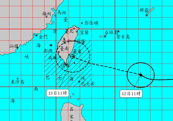 ▲楊柳颱風持續海上警報，陸上警報預估今天下午2時30分發布，第一波陸警範圍預估是「花蓮、台東、屏東、高雄」等4縣市。（圖／中央氣象署cwa.gov.tw）
