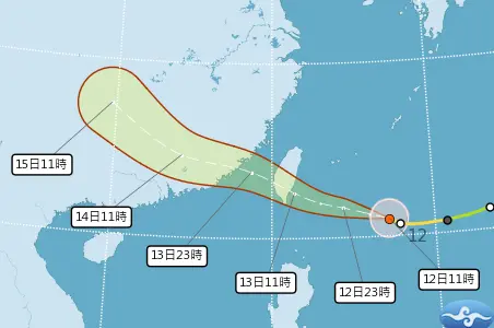 ▲楊柳颱風路徑持續向台灣靠近，今（12）日將發布陸上警報，明（13）日颱風登陸，風雨最劇烈。（圖／翻攝自中央氣象署cwa.gov.tw）