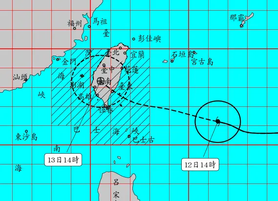 ▲楊柳颱風明天中午左右有機會登陸台東，傍晚左右從西南部沿岸出海。（圖／中央氣象署cwa.gov.tw）