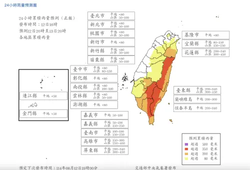 ▲楊柳颱風最新「風雨預測」出爐，明天週三（8/13）「嘉義縣山區、高雄山區、花蓮、台東、屏東」分別因雨量、風力達停班課標準。（圖／中央氣象署cwa.gov.tw）