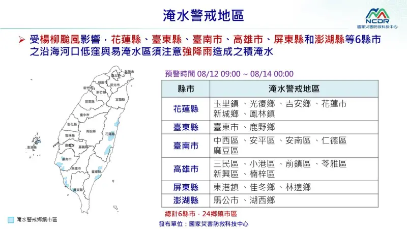 楊柳颱風逼近台灣！6縣市、24鄉鎮列淹水警戒區　易致災區一圖懂
