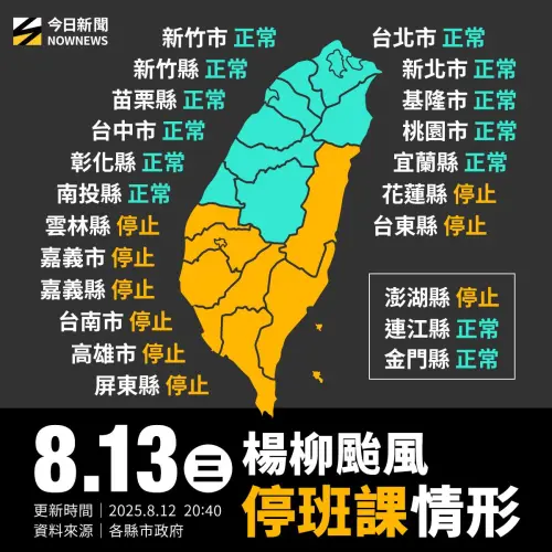 ▲8月13日停班停課懶人包，高雄、台南等9縣市宣布防災假。（圖／NOWNEWS社群中心製）