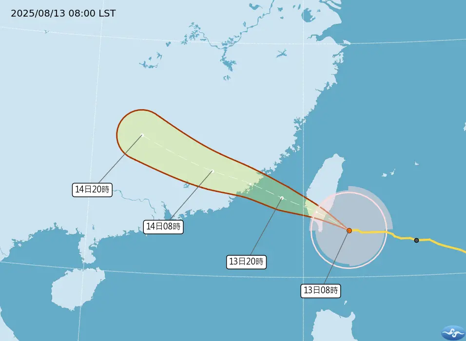 ▲楊柳颱風早上8點最新位置，預估中午從台東登陸，下午至傍晚從台南、嘉義一帶出海。（圖/中央氣象署cwa.gov.tw）