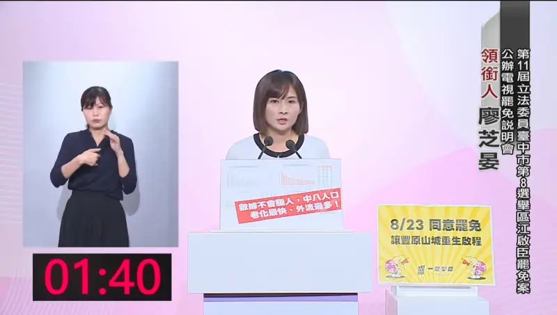    ▲台中市今天第一場的罷免說明會，江啟臣唱名三次未到，領銜人廖芝晏依計劃說明。（圖／翻攝台中市選委會YT，2025.08.13）  