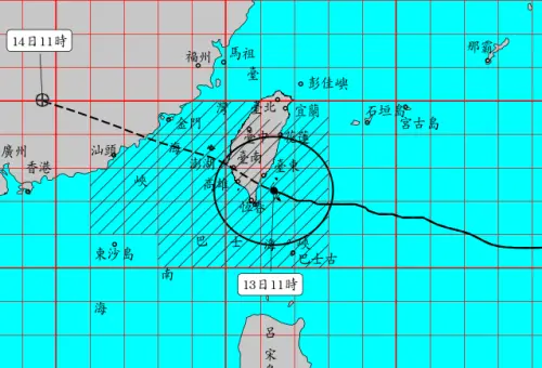 ▲楊柳颱風持續發布「海上陸上警報」，暴風圈清晨觸陸，颱風中心預估今（13）日中午從台東登陸，傍晚在台南、高雄一帶出海，各地雨勢今天最明顯。（圖／中央氣象署cwa.gov.tw）
