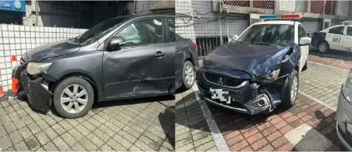 ▲休旅車衝上新莊分局前人行道，停放在分局門口的黑色豐田（左圖）與警車（右圖）遭撞毀。（圖／新莊分局提供）