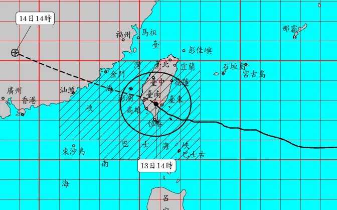    ▲楊柳颱風持續發布「海上陸上警報」，颱風中心已在下午1時00分至1時10分之間登陸「台東太麻里」，預估下午5點前後，在台南附近出海。（圖／中央氣象署cwa.gov.tw）  