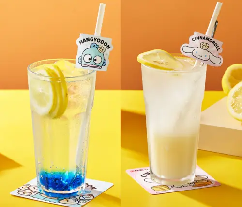 ▲點點心X三麗鷗聯名飲料，左起：「漢頓沁涼氣泡飲」118元、「大耳狗可爾必思氣泡飲」138元。（圖／點點心台灣提供）