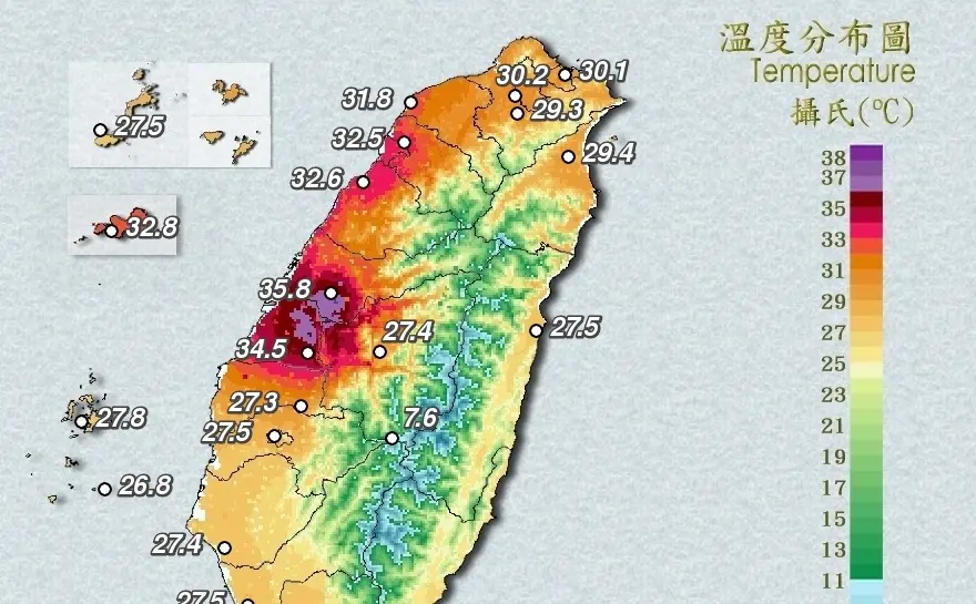 ▲氣象專家吳聖宇也解答，中部地區受到背風沉降增溫現象，溫度最高的台中大里來到37.9度。（圖／中央氣象署cwa.gov.tw）