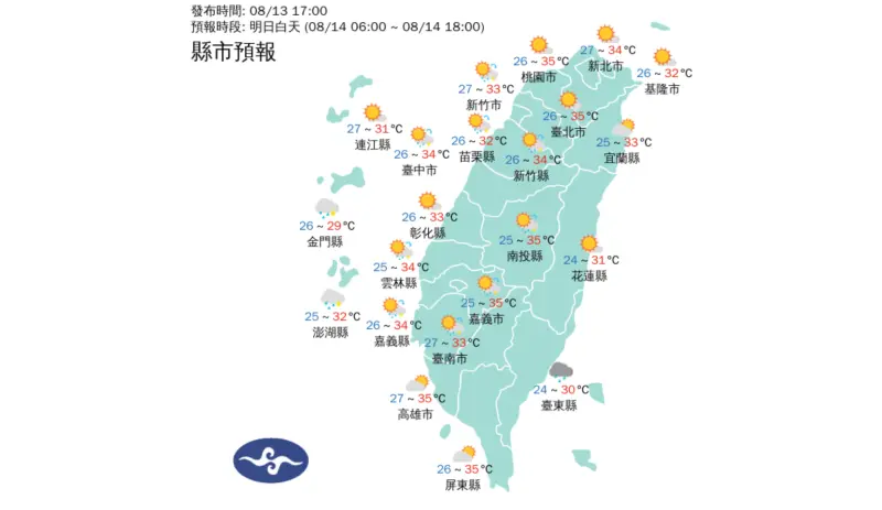 ▲中央氣象署指出，明（14）日台灣本島都將恢復成夏季天氣型態。（圖／中央氣象署cwa.gov.tw）