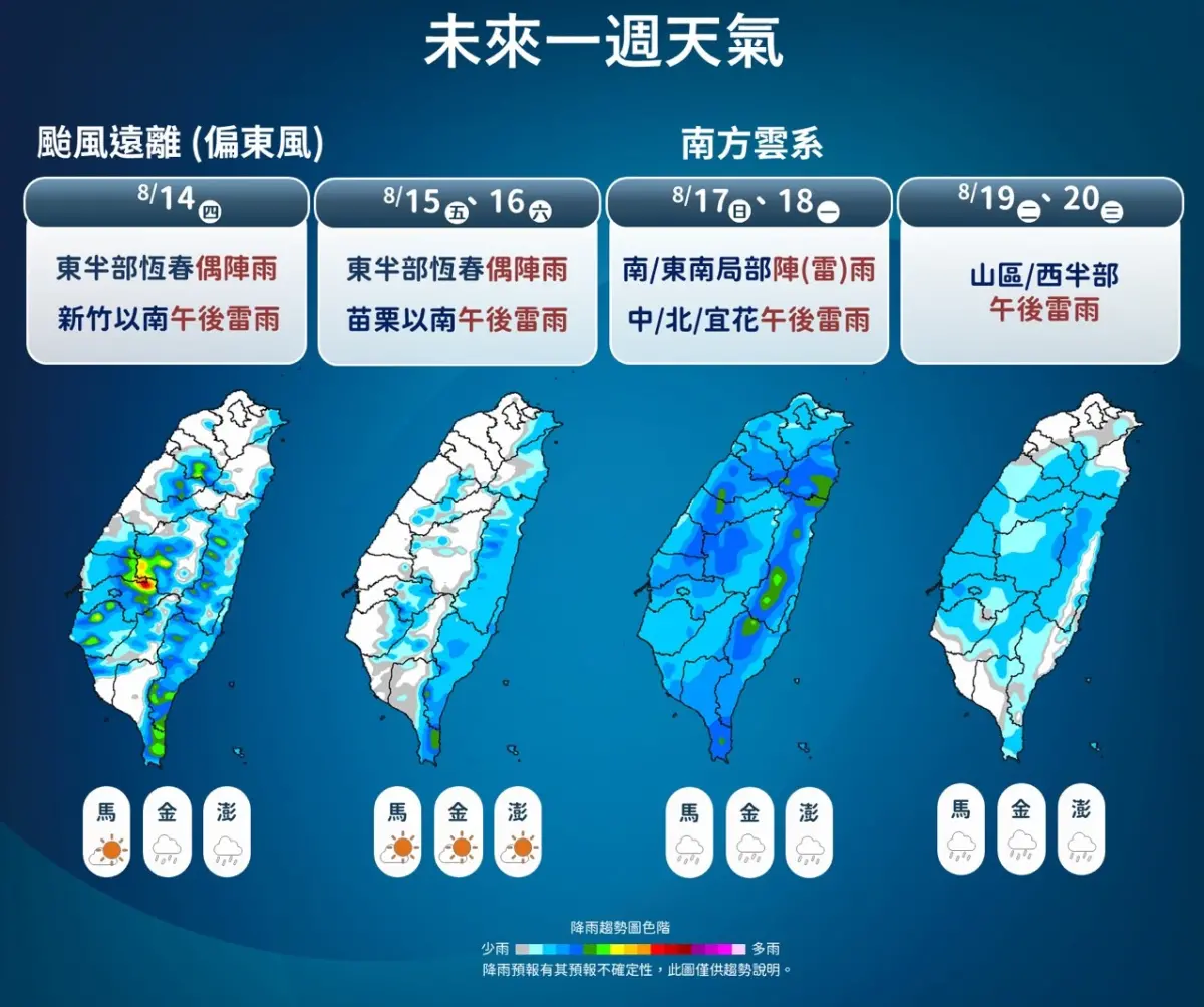 ▲楊柳颱風快閃台灣，週末前天氣回歸穩定，但下週水氣增加，全台有雨，甚至可能有熱帶擾動發展。（圖／中央氣象署cwa.gov.tw）