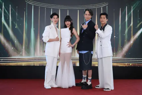 ▲金鐘60主持人宣告記者會，左起為夏和熙、木木、黃鐙輝和黃迪揚。（圖／記者江俊強攝影）