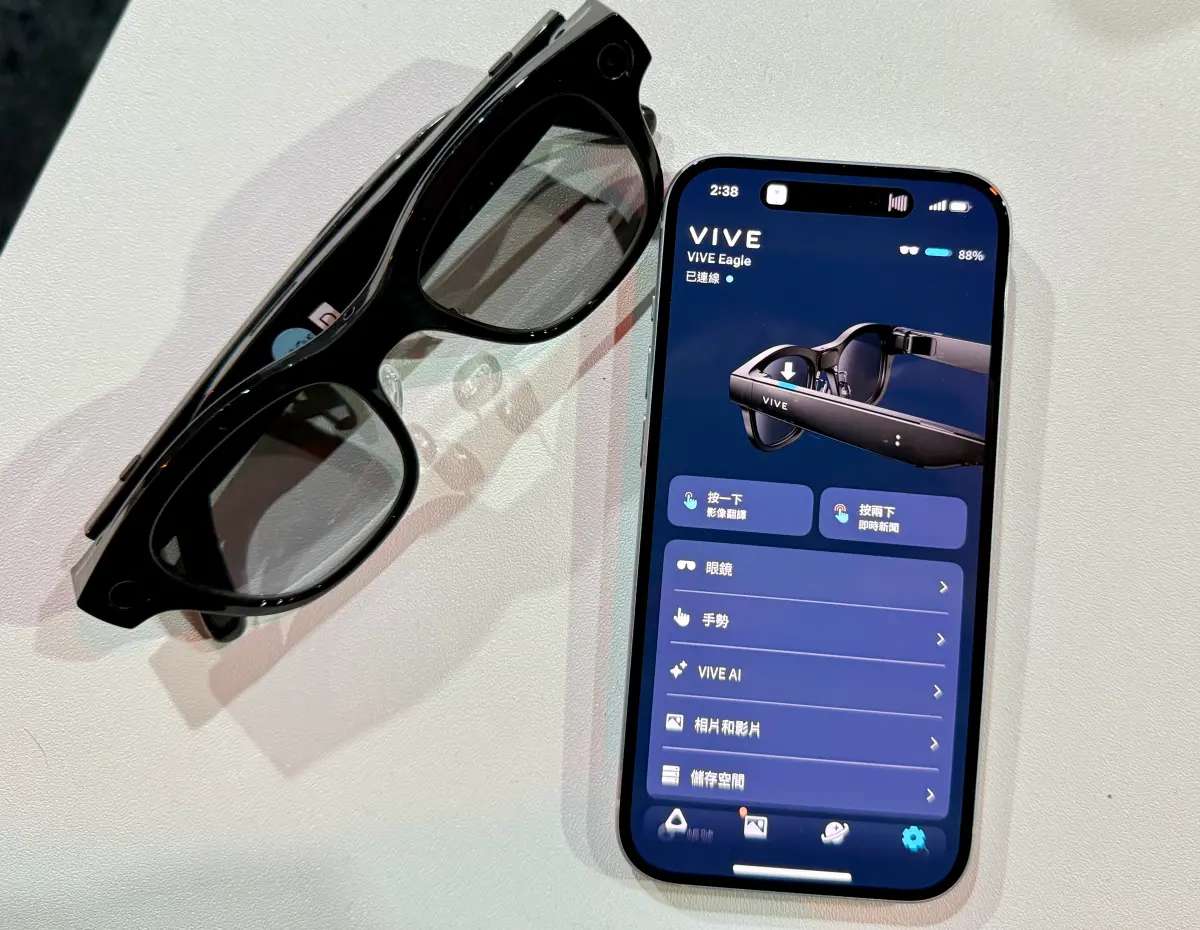 ▲智慧眼鏡指標股宏達電，尾盤出現急拉、強鎖漲停。圖為HTC VIVE Eagle智慧眼鏡。（圖／記者周淑萍攝）
