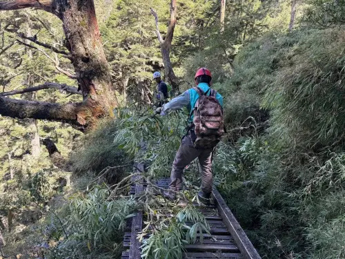 ▲玉山國家公園今（14）日一早，隨即派員執行玉山線步道的災後勘查工作。（圖／玉山國家公園）
